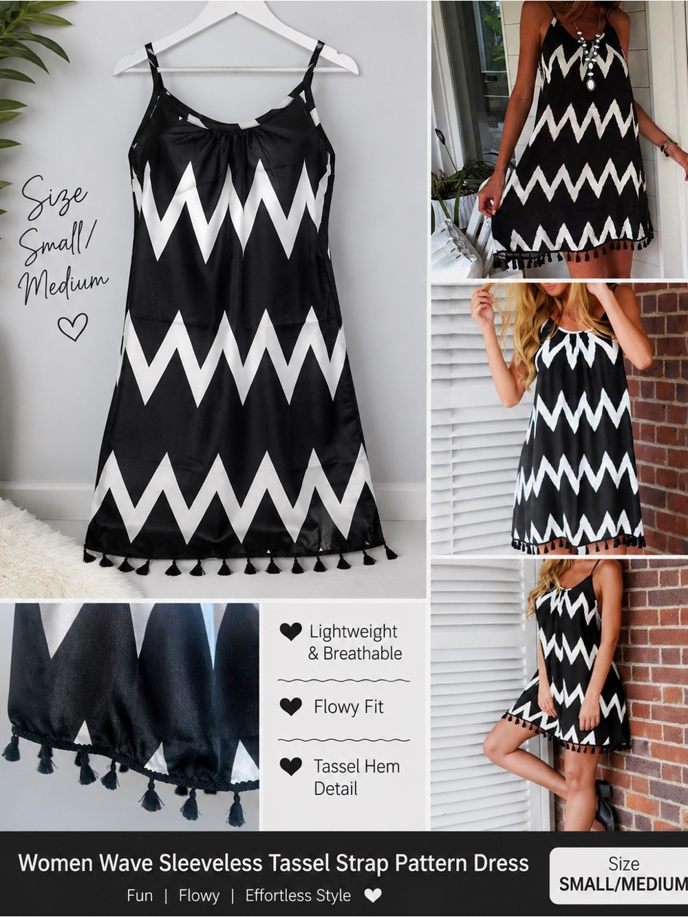 Amazon Essentials Black and White Zigzag Backless Tassel Dress